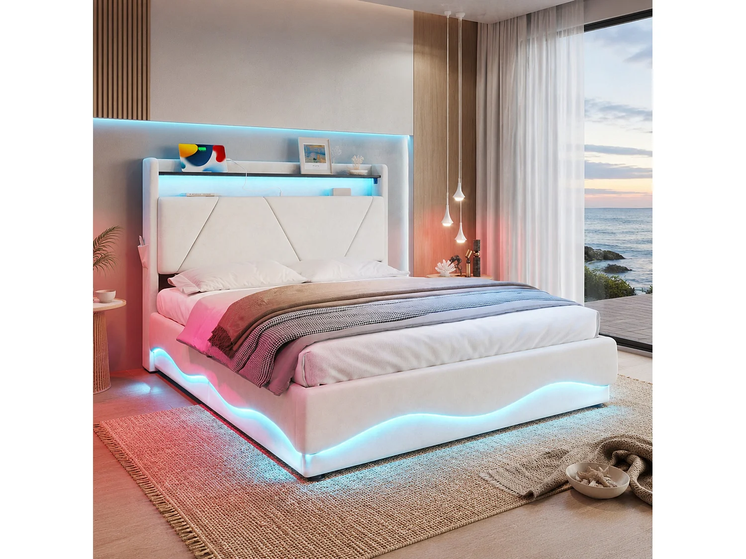 Bettkastenbett 160x200 cm, beiges Velours, LED, Lattenrost mit Hydraulik, USB & USB-C, ohne Matratze
