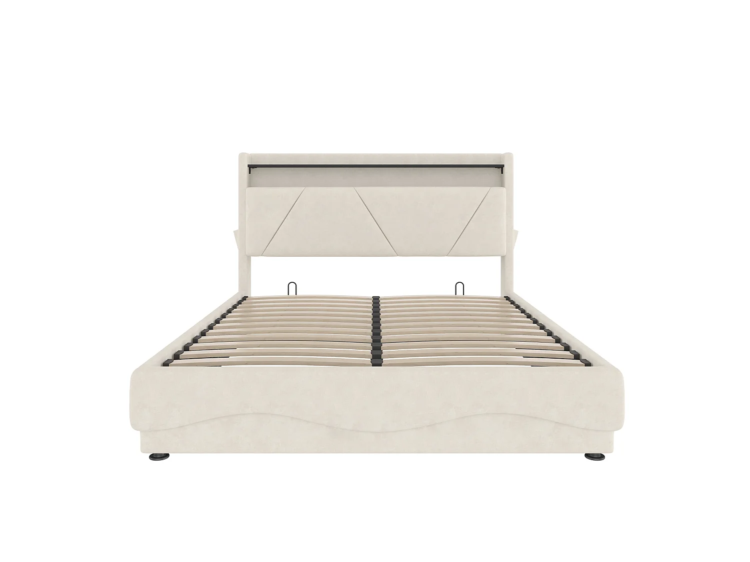 Bettkastenbett 160x200 cm, beiges Velours, LED, Lattenrost mit Hydraulik, USB & USB-C, ohne Matratze