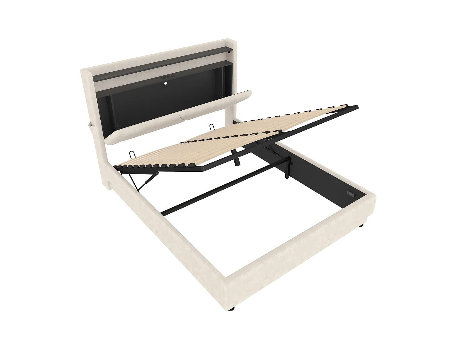 Bettkastenbett 160x200 cm, beiges Velours, LED, Lattenrost mit Hydraulik, USB & USB-C, ohne Matratze