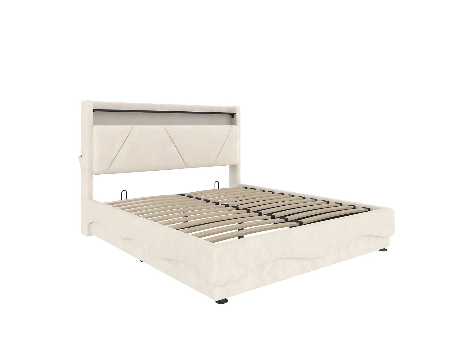 Bettkastenbett 160x200 cm, beiges Velours, LED, Lattenrost mit Hydraulik, USB & USB-C, ohne Matratze