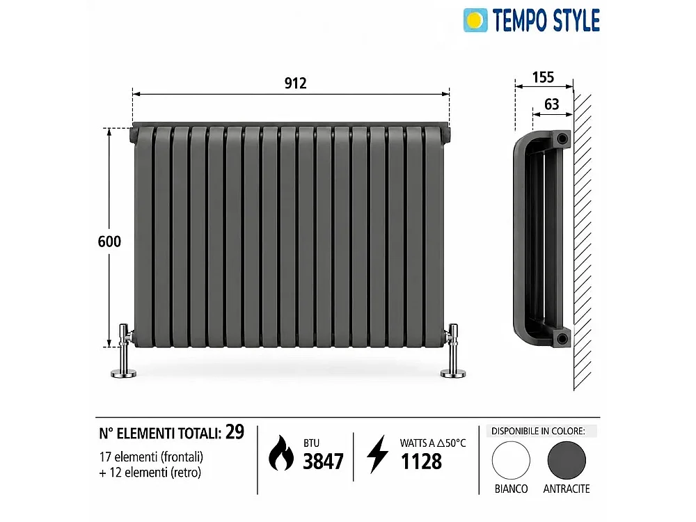 Tempo Style - Radiateur 600x912 mm | 1128 W | Radiateur décoratif 3847 BTU, 17+12 éléments - Anthracite