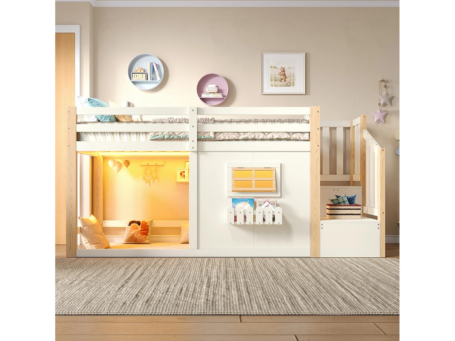 Halbhohbett 90x200 cm weiß Kiefernholz & MDF, Stauraumtreppe, Fenster, LED-Beleuchtung, ohne Matratze