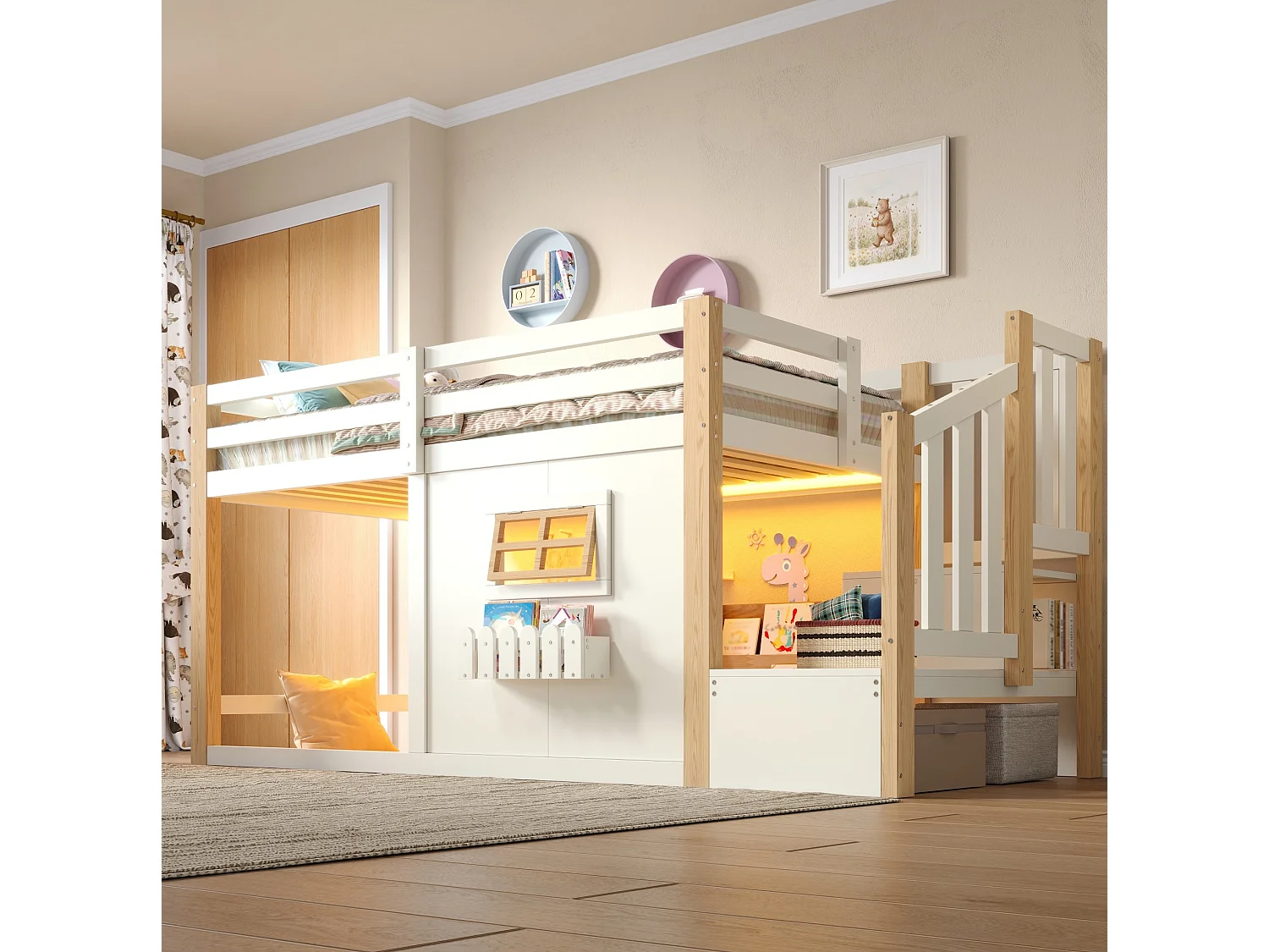 Halbhohbett 90x200 cm weiß Kiefernholz & MDF, Stauraumtreppe, Fenster, LED-Beleuchtung, ohne Matratze