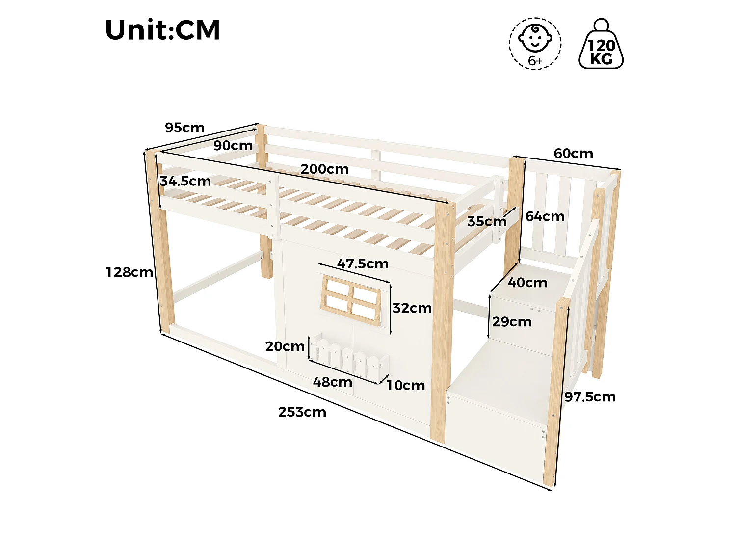 Halbhohbett 90x200 cm weiß Kiefernholz & MDF, Stauraumtreppe, Fenster, LED-Beleuchtung, ohne Matratze