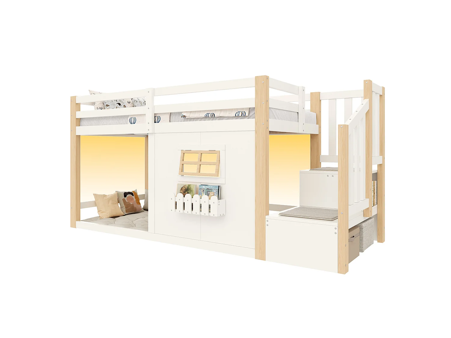 Halbhohbett 90x200 cm weiß Kiefernholz & MDF, Stauraumtreppe, Fenster, LED-Beleuchtung, ohne Matratze