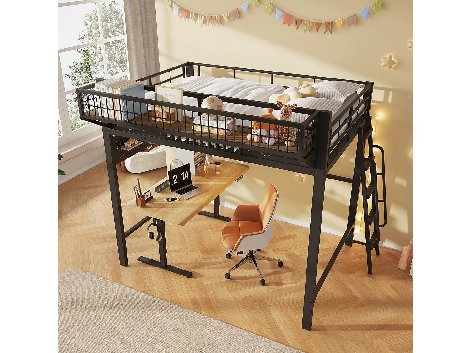 Hochbett 140x200 cm schwarzes Metall, Stauraum, offener Bereich, umkehrbare Treppe, ohne Matratze
