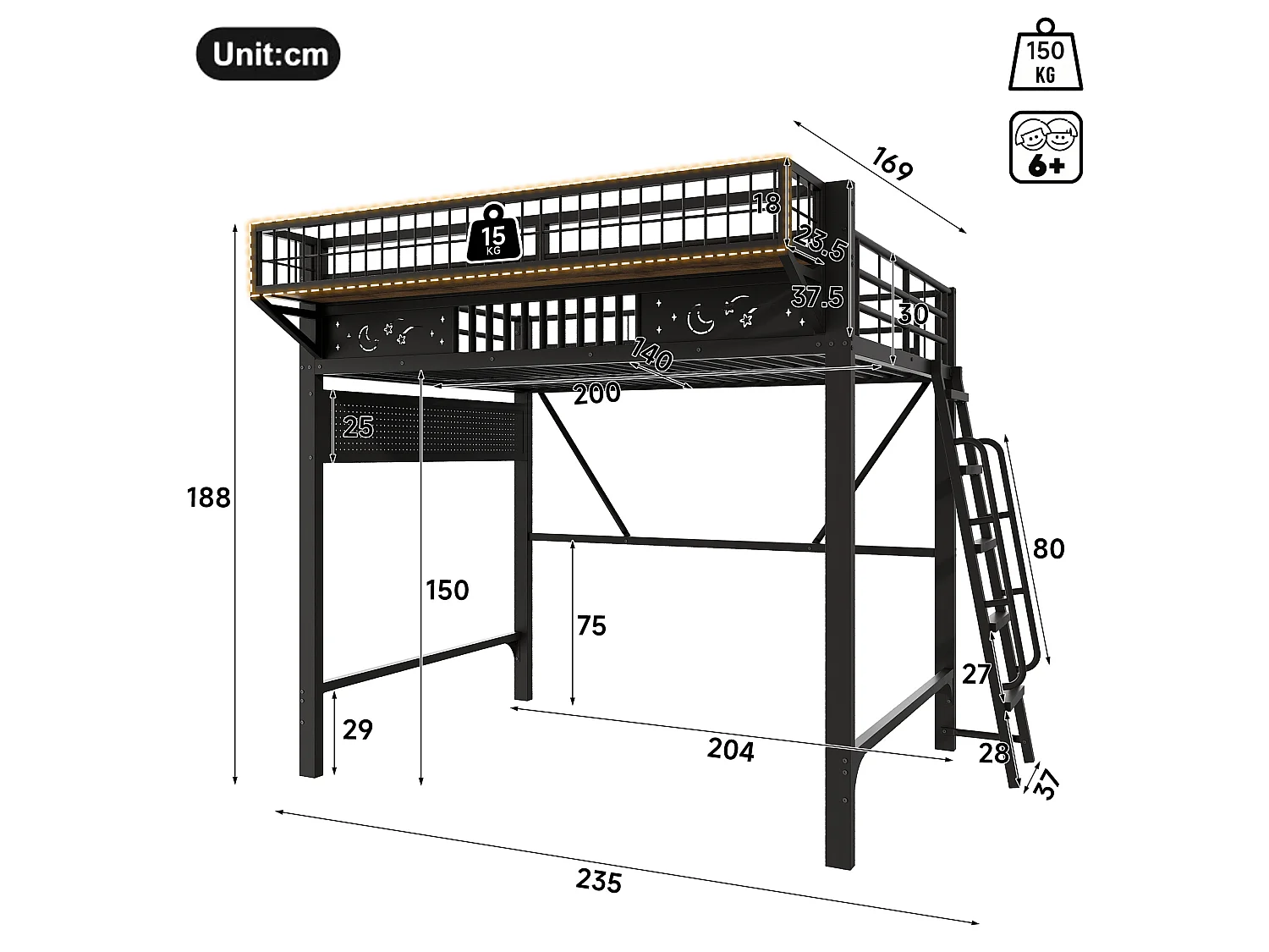 Hochbett 140x200 cm schwarzes Metall, Stauraum, offener Bereich, umkehrbare Treppe, ohne Matratze