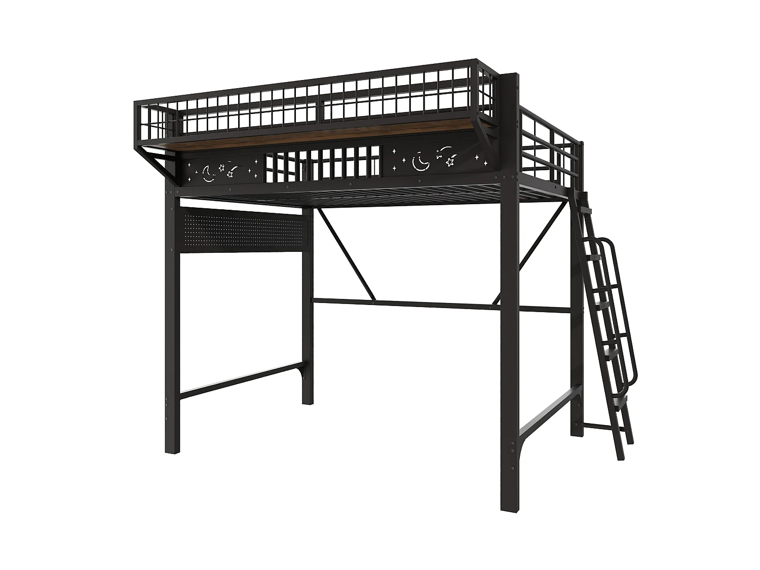 Hochbett 140x200 cm schwarzes Metall, Stauraum, offener Bereich, umkehrbare Treppe, ohne Matratze
