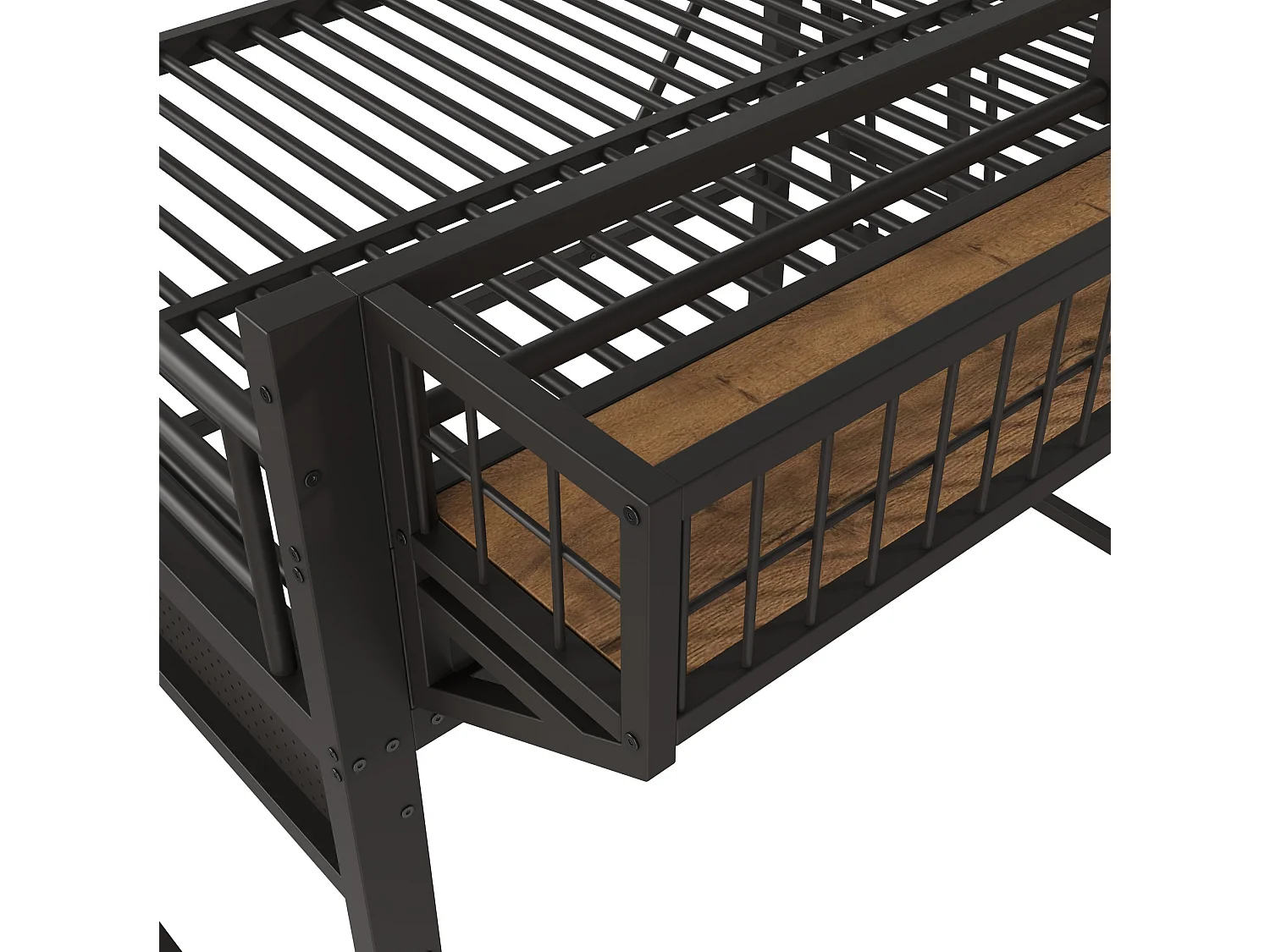 Hochbett 140x200 cm schwarzes Metall, Stauraum, offener Bereich, umkehrbare Treppe, ohne Matratze