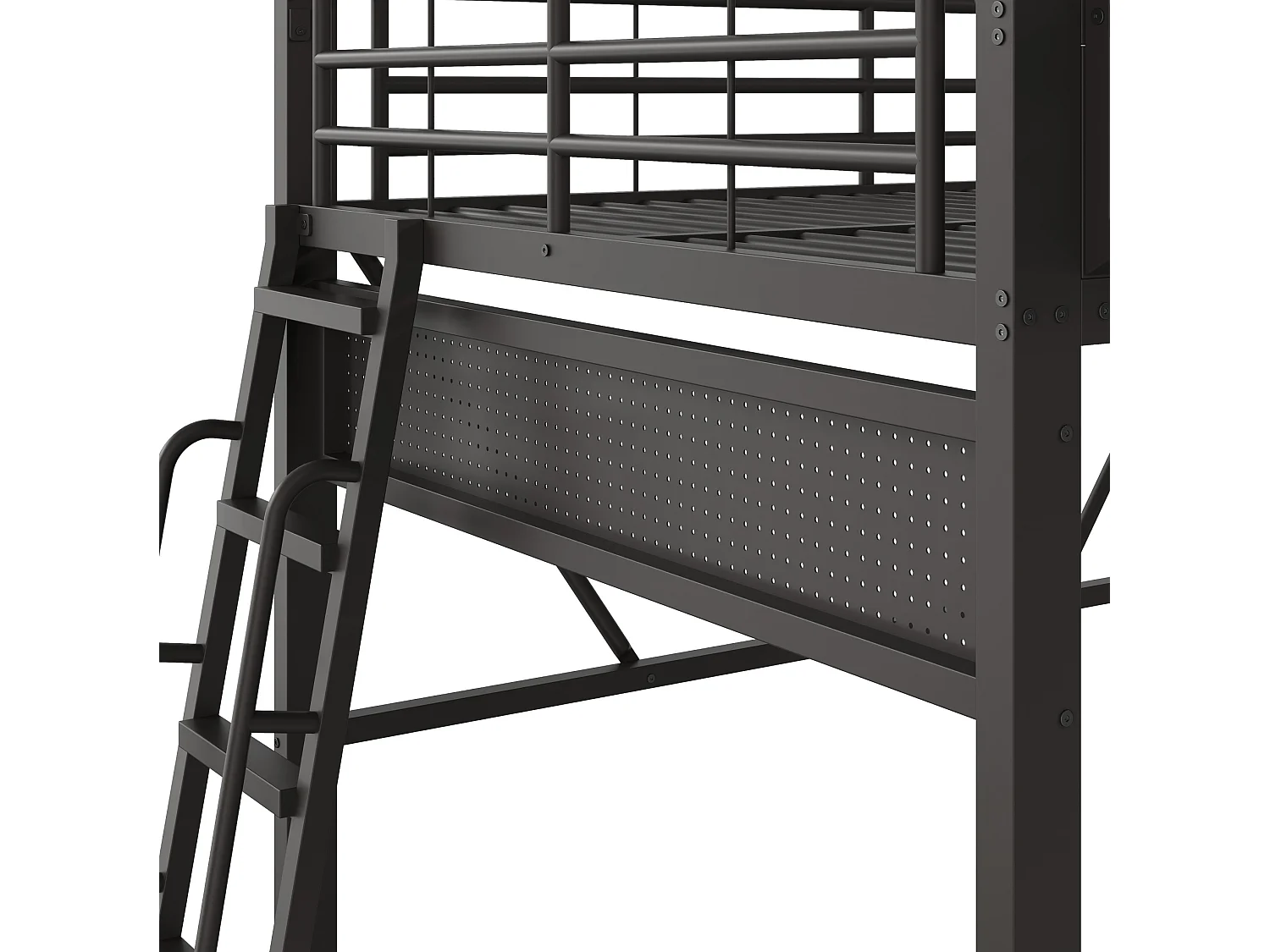 Hochbett 140x200 cm schwarzes Metall, Stauraum, offener Bereich, umkehrbare Treppe, ohne Matratze