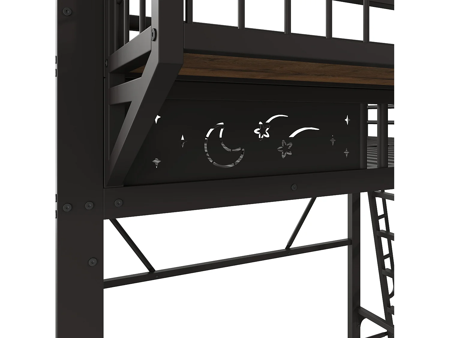 Hochbett 140x200 cm schwarzes Metall, Stauraum, offener Bereich, umkehrbare Treppe, ohne Matratze