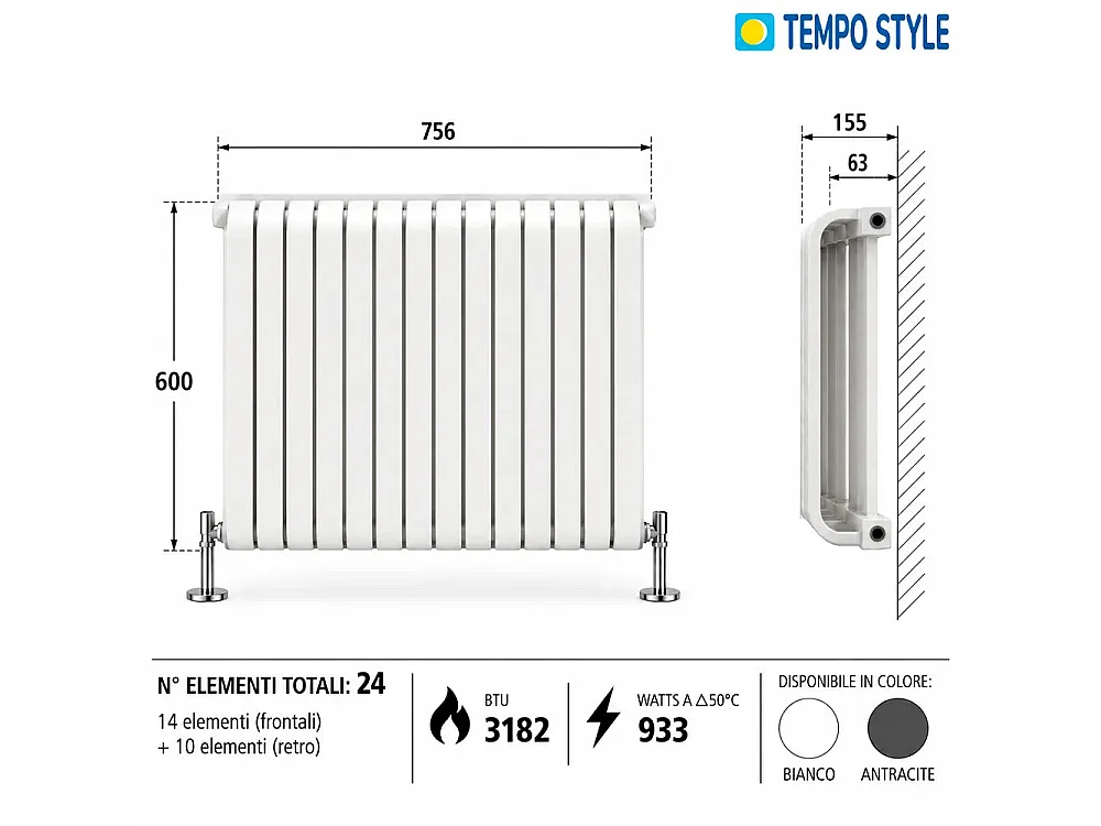 Tempo Style - Radiateur 600x756 mm | 933 W | Radiateur décoratif 3182 BTU, 14+10 éléments - Blanc