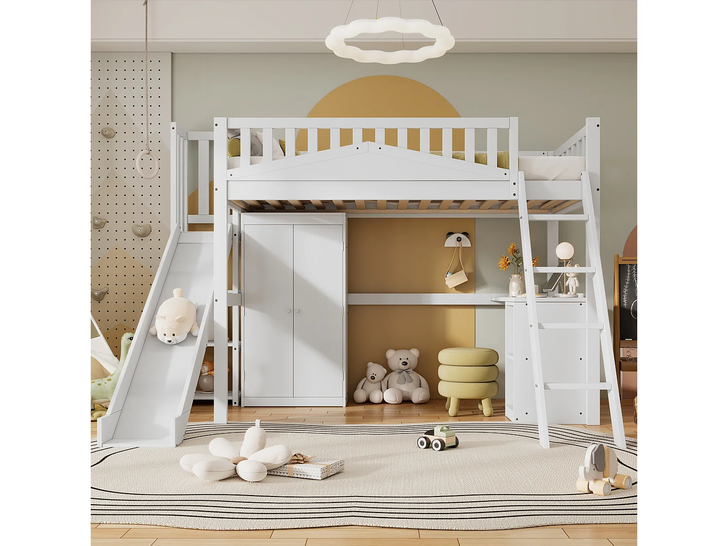 Kinder-Etagenbett 90x200 cm aus weißem Kiefernholz, MDF und Sperrholz mit Rutsche, Schreibtisch und Schrank, ohne Matratze