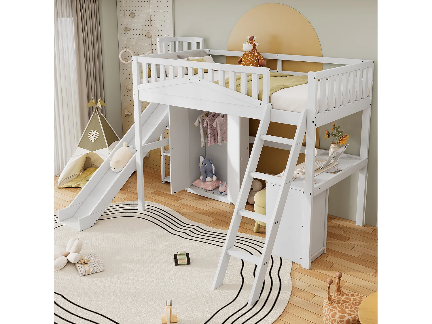 Kinder-Etagenbett 90x200 cm aus weißem Kiefernholz, MDF und Sperrholz mit Rutsche, Schreibtisch und Schrank, ohne Matratze