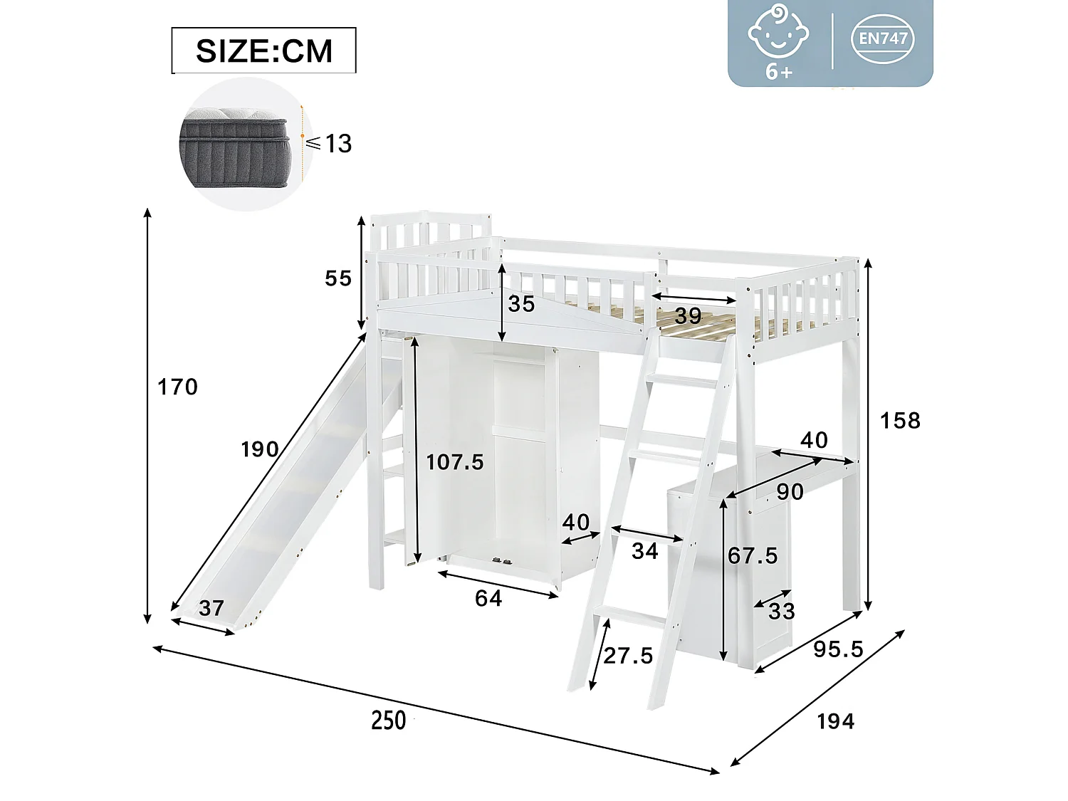 Kinder-Etagenbett 90x200 cm aus weißem Kiefernholz, MDF und Sperrholz mit Rutsche, Schreibtisch und Schrank, ohne Matratze