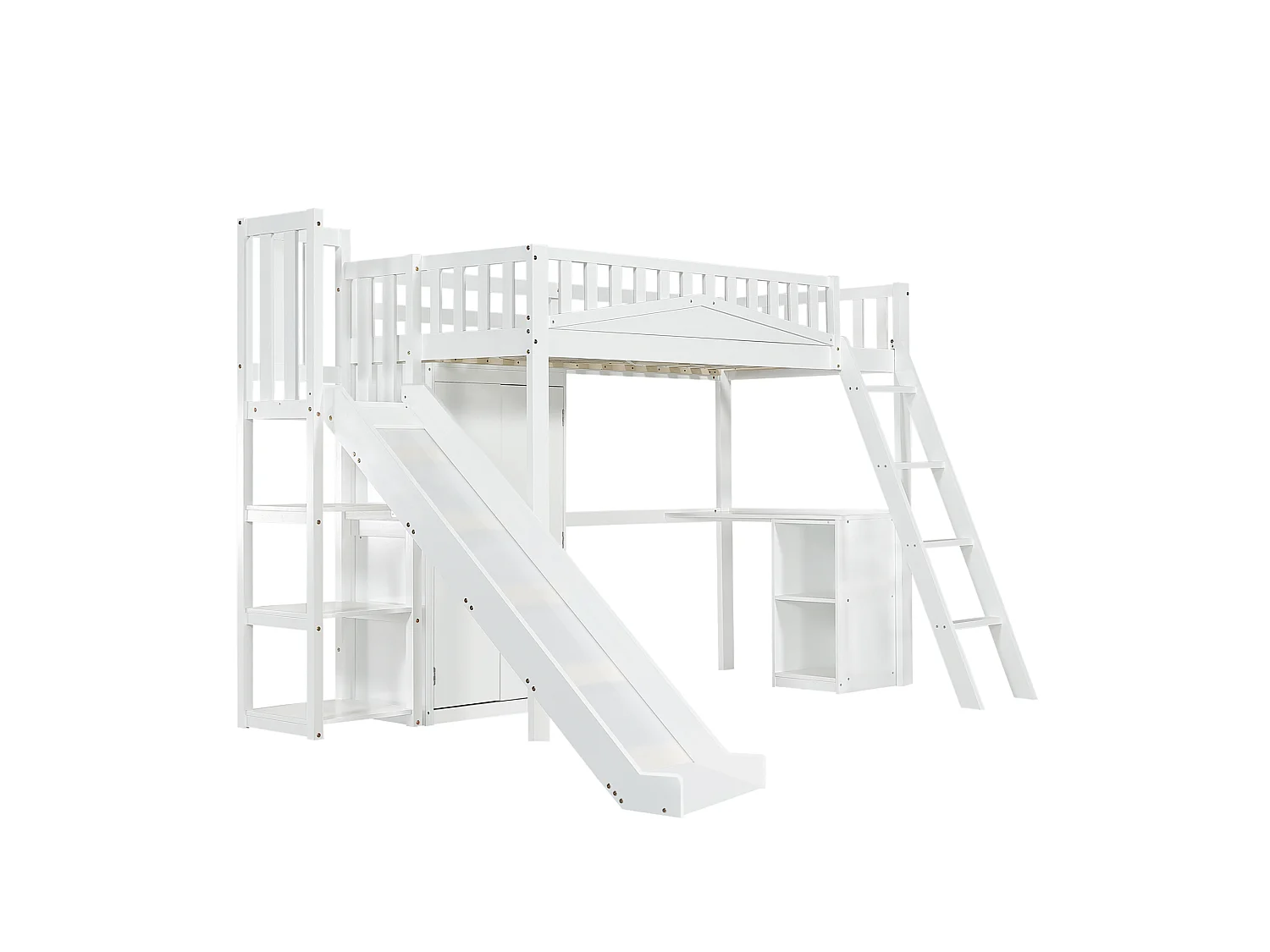 Kinder-Etagenbett 90x200 cm aus weißem Kiefernholz, MDF und Sperrholz mit Rutsche, Schreibtisch und Schrank, ohne Matratze