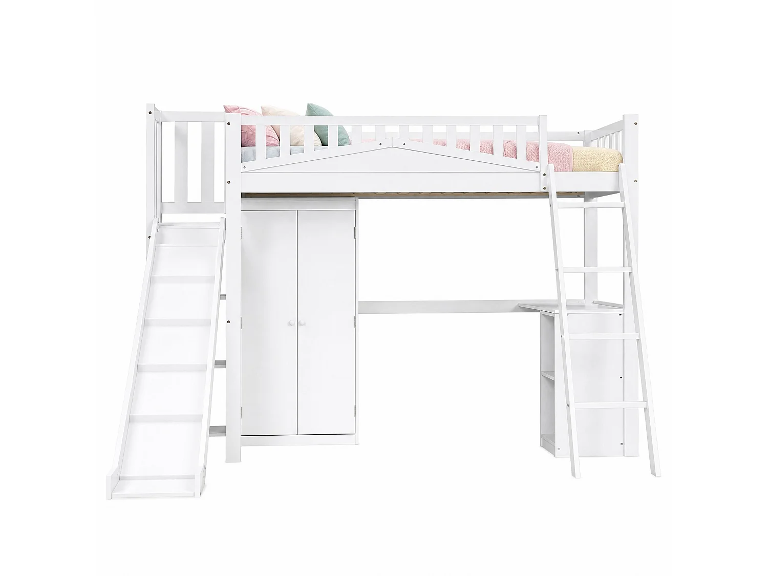 Kinder-Etagenbett 90x200 cm aus weißem Kiefernholz, MDF und Sperrholz mit Rutsche, Schreibtisch und Schrank, ohne Matratze