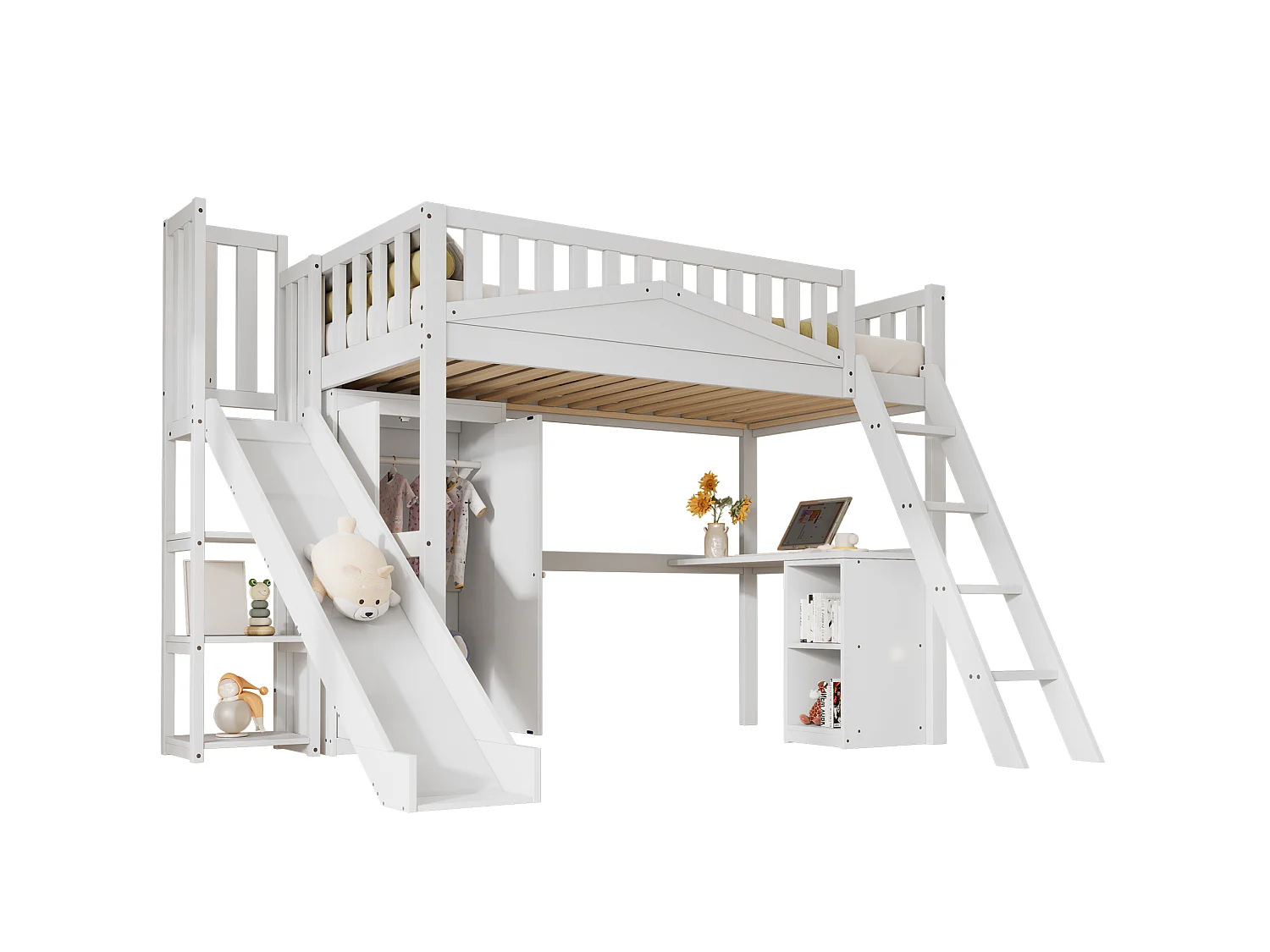 Kinder-Etagenbett 90x200 cm aus weißem Kiefernholz, MDF und Sperrholz mit Rutsche, Schreibtisch und Schrank, ohne Matratze