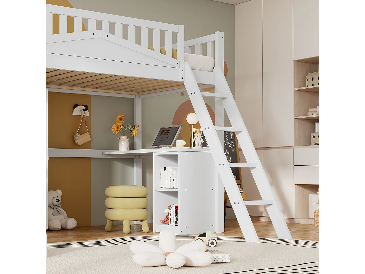 Kinder-Etagenbett 90x200 cm aus weißem Kiefernholz, MDF und Sperrholz mit Rutsche, Schreibtisch und Schrank, ohne Matratze