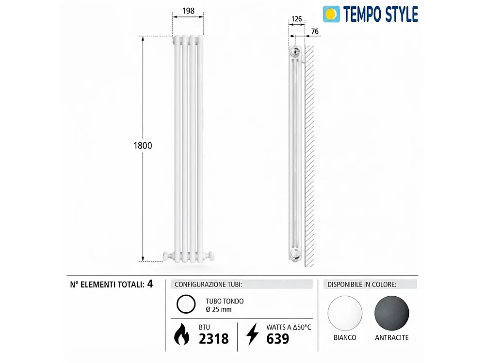 Tempo Style - Radiateur vertical 1800 x 198 mm | 639 W | Radiateur décoratif 2318 BTU à 4 éléments - Blanc