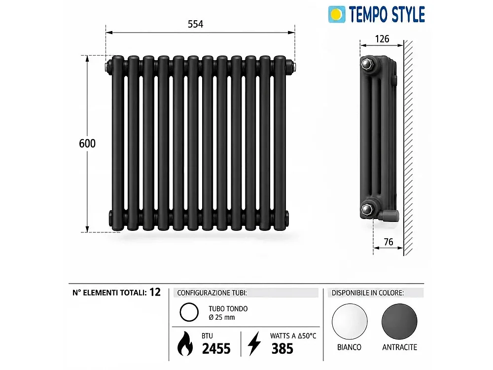Tempo Style - Radiador 600x554mm | 385W | 2455BTU com 12 elementos - Antracite