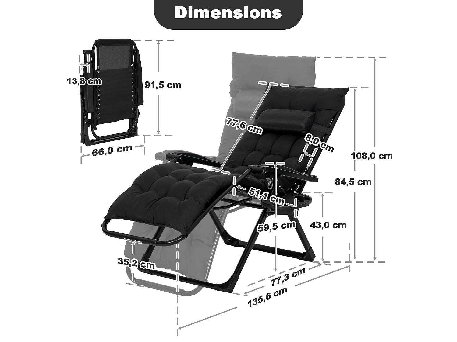 Transat pliant en Textilène avec coussin, plateau, appui-tête, dossier réglable 90°-140°