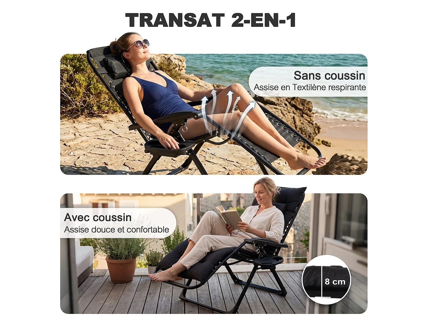 Transat pliant en Textilène avec coussin, plateau, appui-tête, dossier réglable 90°-140°