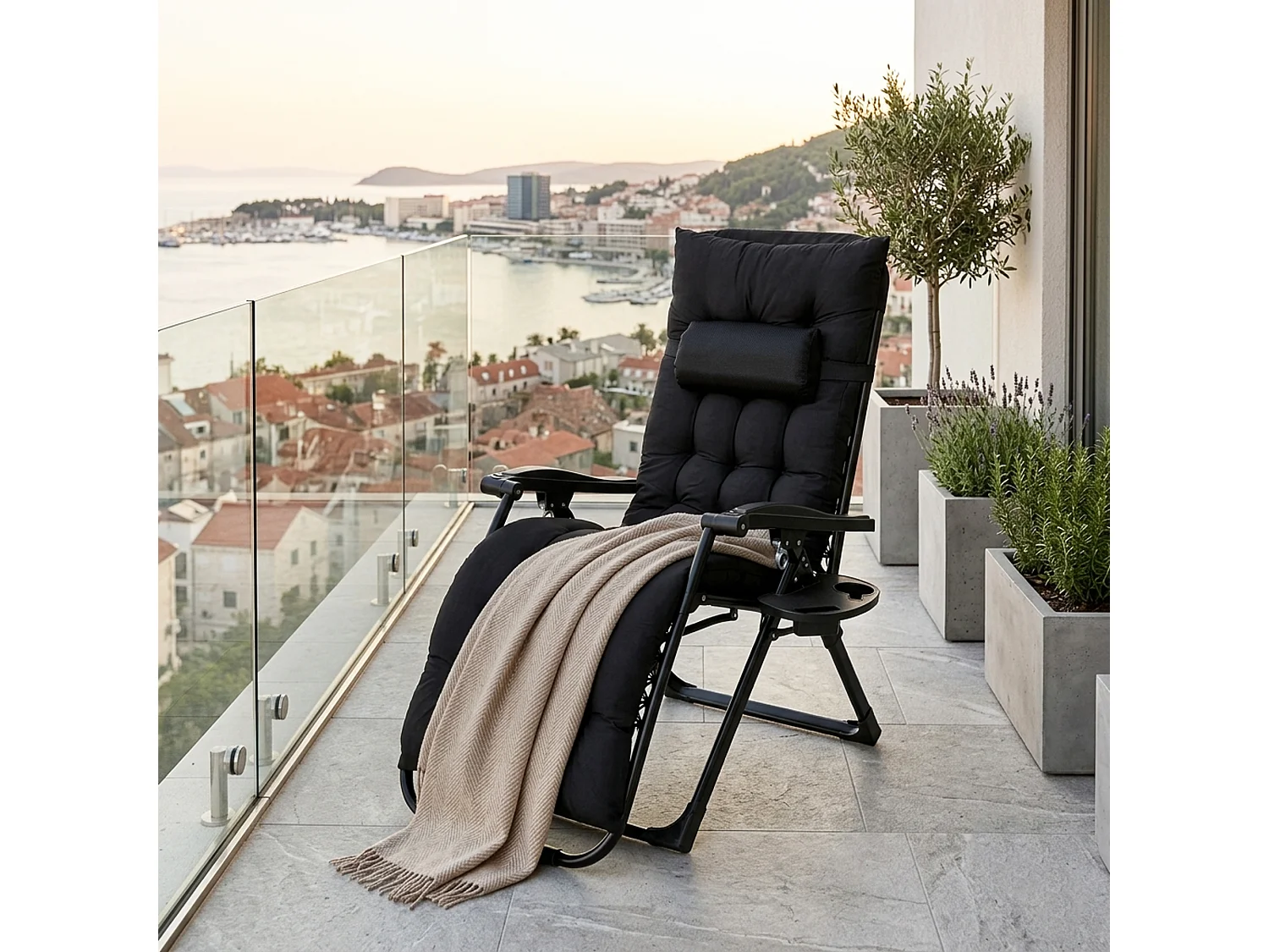 Transat pliant en Textilène avec coussin, plateau, appui-tête, dossier réglable 90°-140°