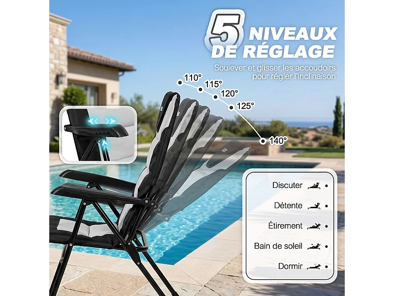 Lot de 2 chaises de camping pliantes en aluminium avec tissu Oxford, 5 positions