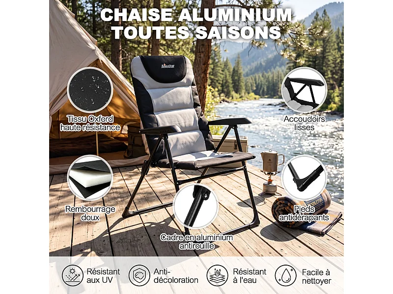 Lot de 2 chaises de camping pliantes en aluminium avec tissu Oxford, 5 positions