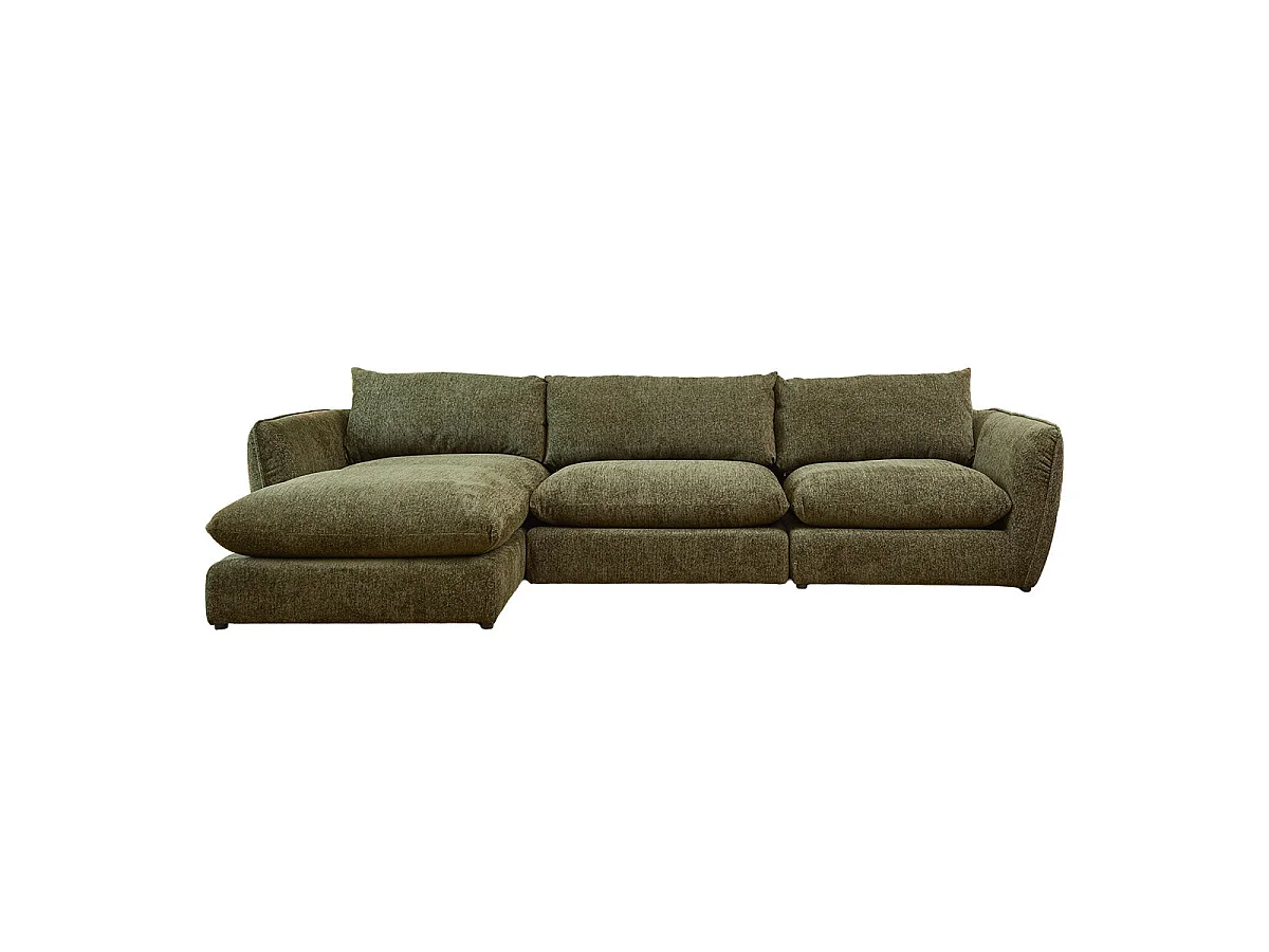Sofá modular 3 plazas, chaise izquierda, chenilla verde jaspeada