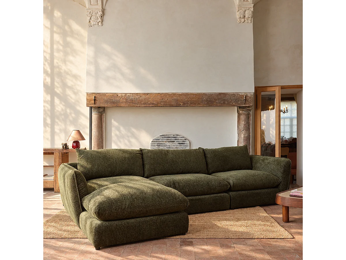 Sofá modular 3 plazas, chaise izquierda, chenilla verde jaspeada
