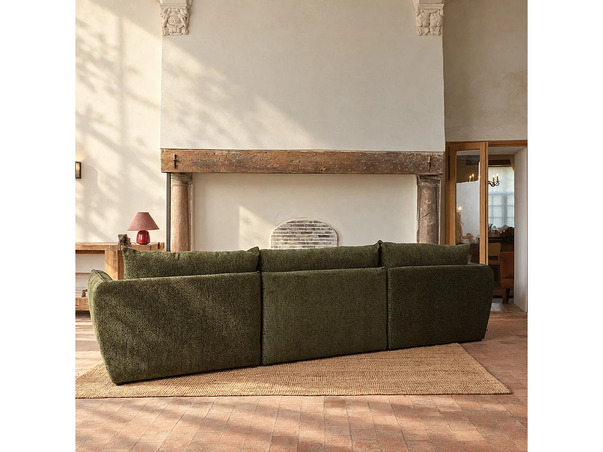 Sofá modular 3 plazas, chaise izquierda, chenilla verde jaspeada