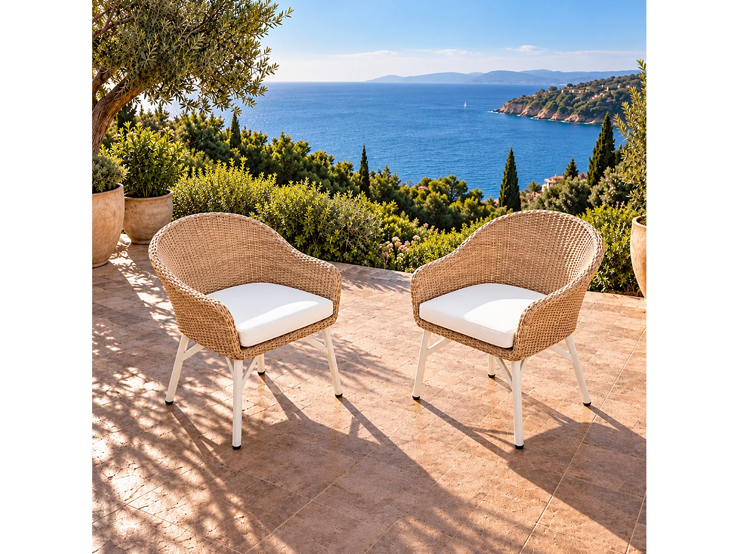 Lot de 2 fauteuils de jardin effet résine tressé blanc et bois CARCINA