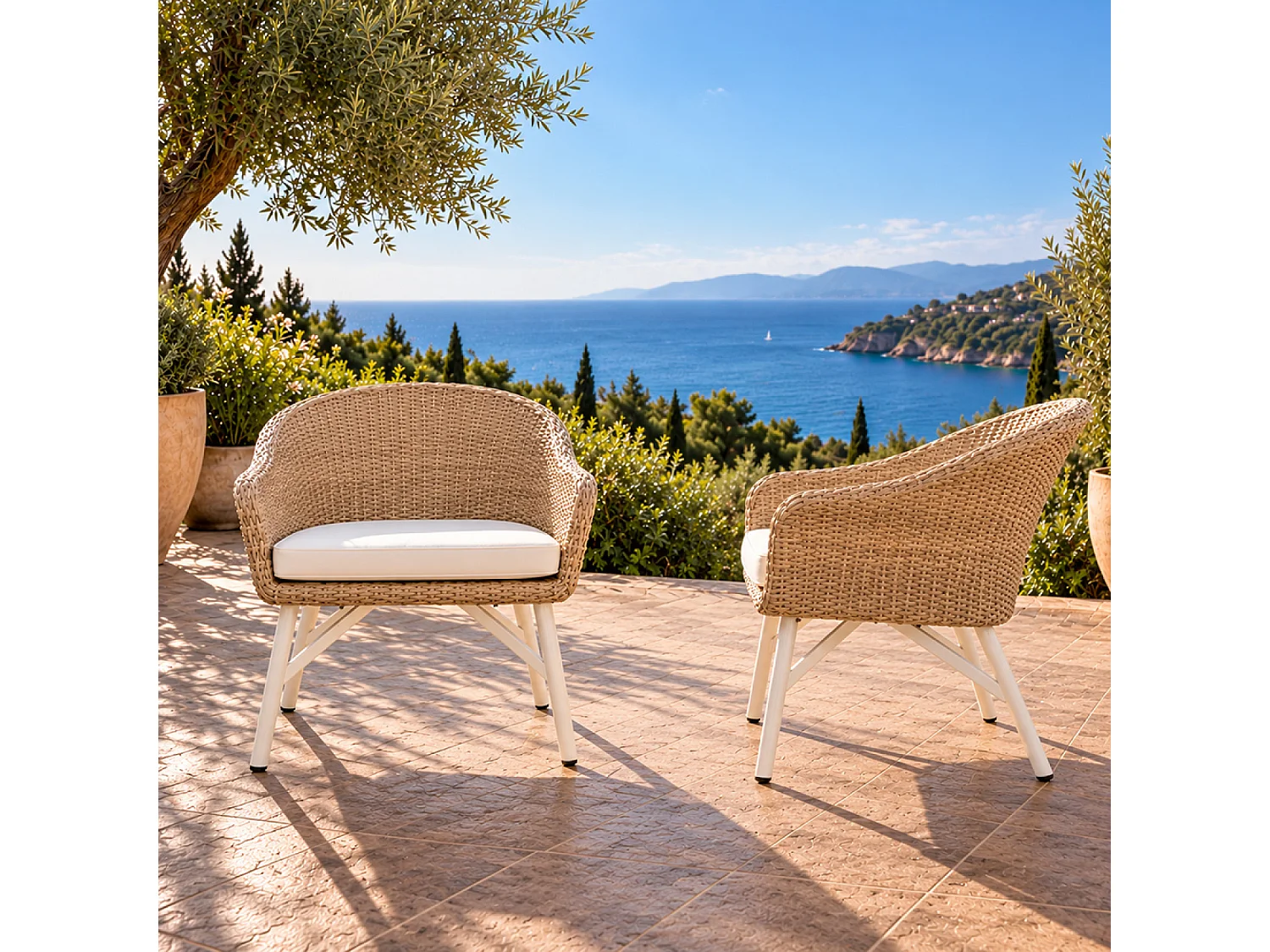 Lot de 2 fauteuils de jardin effet résine tressé blanc et bois CARCINA