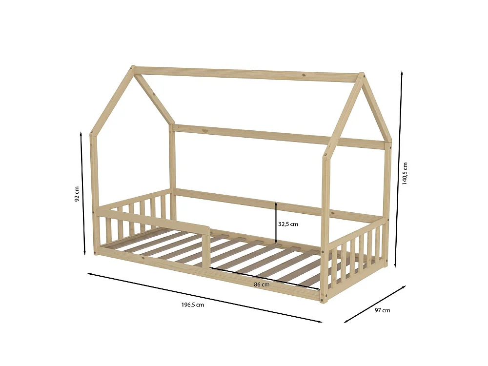 Lit cabane NEMO 90x190 + 1 sommier + barrière /Bois clair