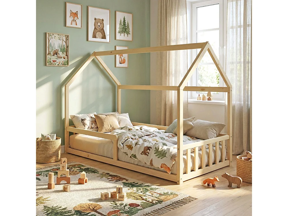 Lit cabane NEMO 90x190 + 1 sommier + barrière /Bois clair