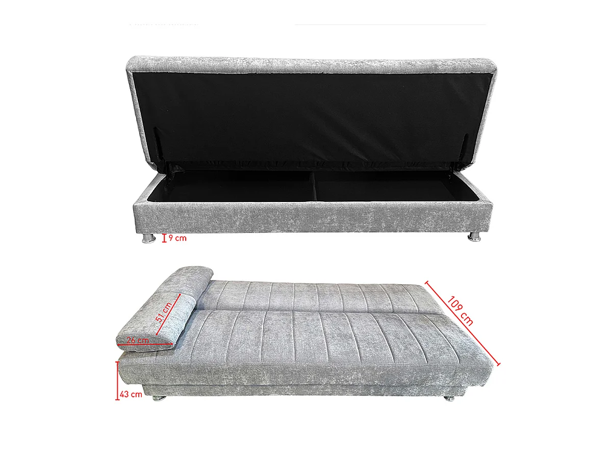 Canapé convertible clic-clac avec coffre de rangement et pieds métalliques - Longueur 190 x Profondeur 89 x Hauteur 85 cm