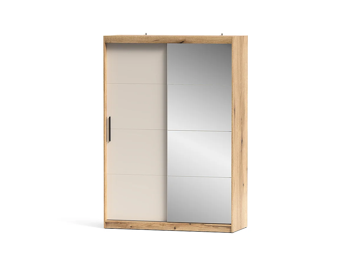 Armoire à portes coulissantes avec miroir 5 étagères et penderie coloris Beige/chêne - Longueur 150 x Profondeur 62 x Hauteur 216 cm