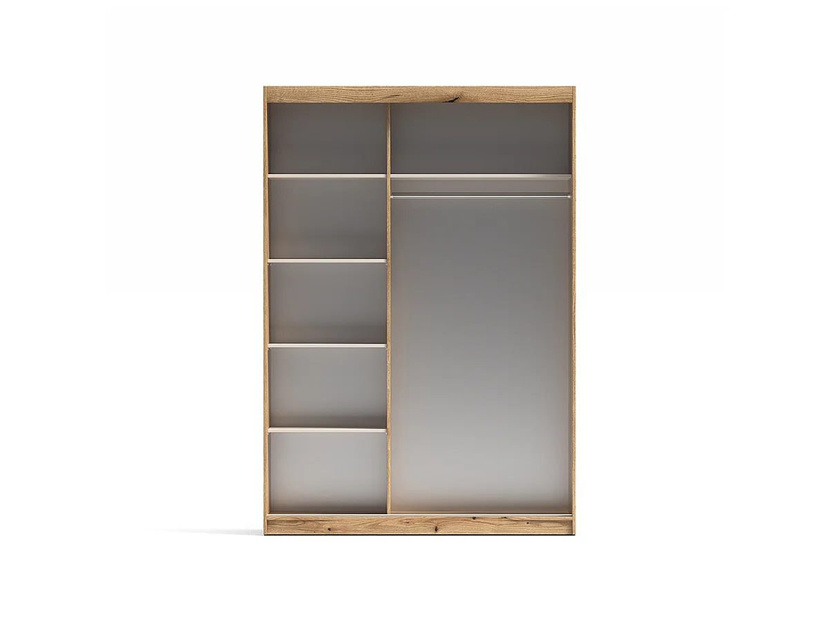Armoire à portes coulissantes avec miroir 5 étagères et penderie coloris Beige/chêne - Longueur 150 x Profondeur 62 x Hauteur 216 cm