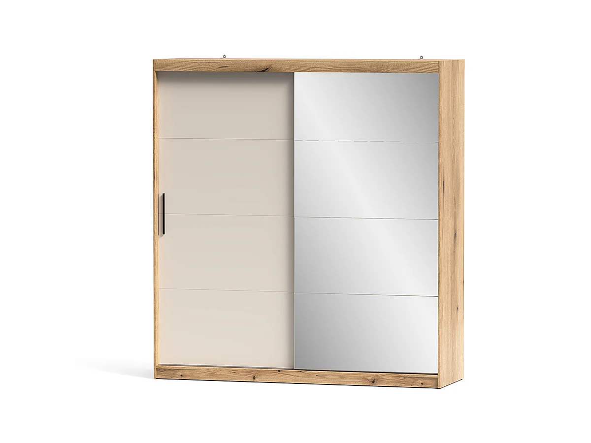 Armoire à portes coulissantes avec miroir 5 étagères et penderie coloris Beige/chêne - Longueur 200 x Profondeur 62 x Hauteur 216 cm