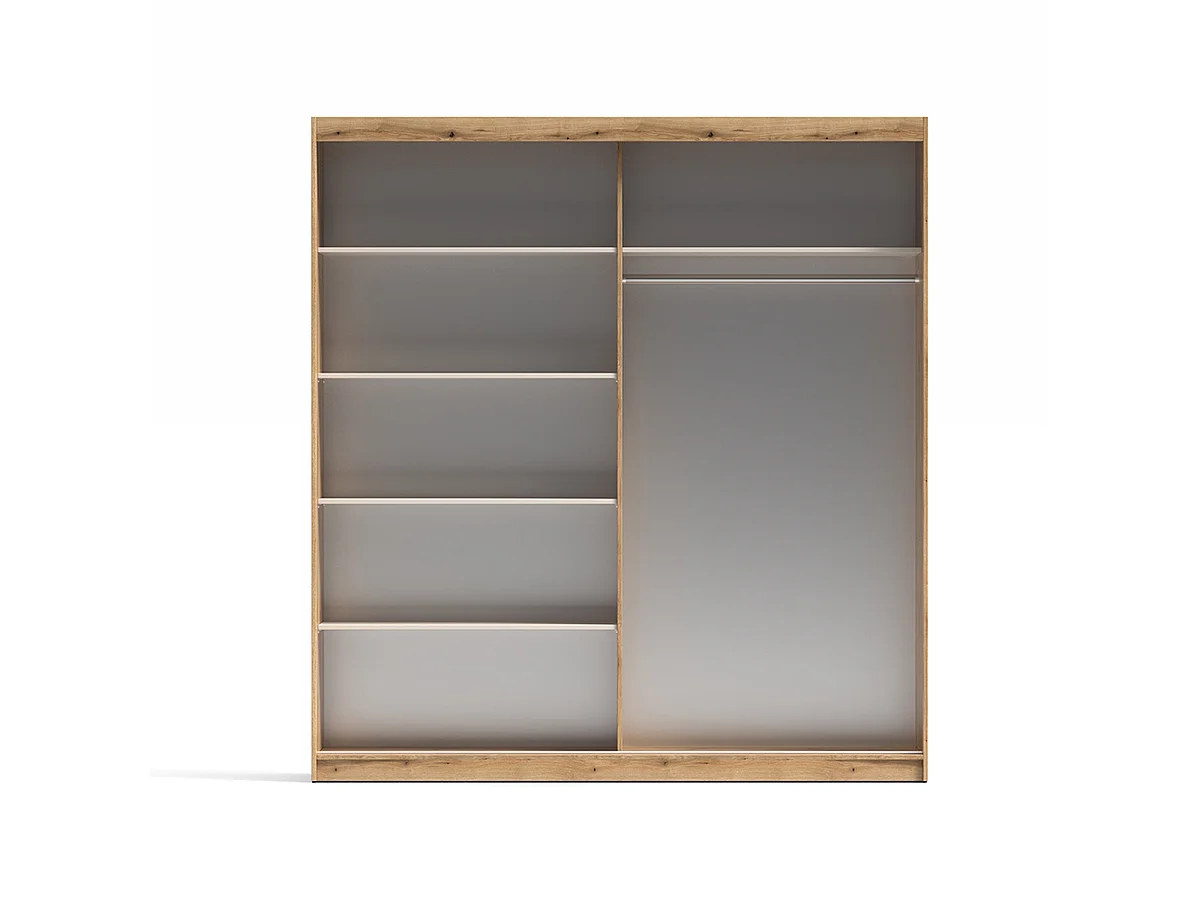 Armoire à portes coulissantes avec miroir 5 étagères et penderie coloris Beige/chêne - Longueur 200 x Profondeur 62 x Hauteur 216 cm
