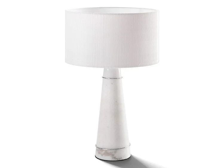 Valencia Table Light, Polished White Marble Base, Pleated White Shade, Silver Chrome Ring