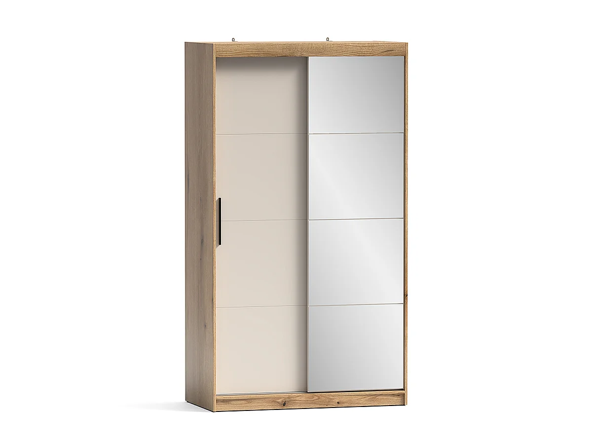 Armoire à portes coulissantes avec miroir 5 étagères et penderie coloris Beige/chêne - Longueur 120 x Profondeur 62 x Hauteur 216 cm