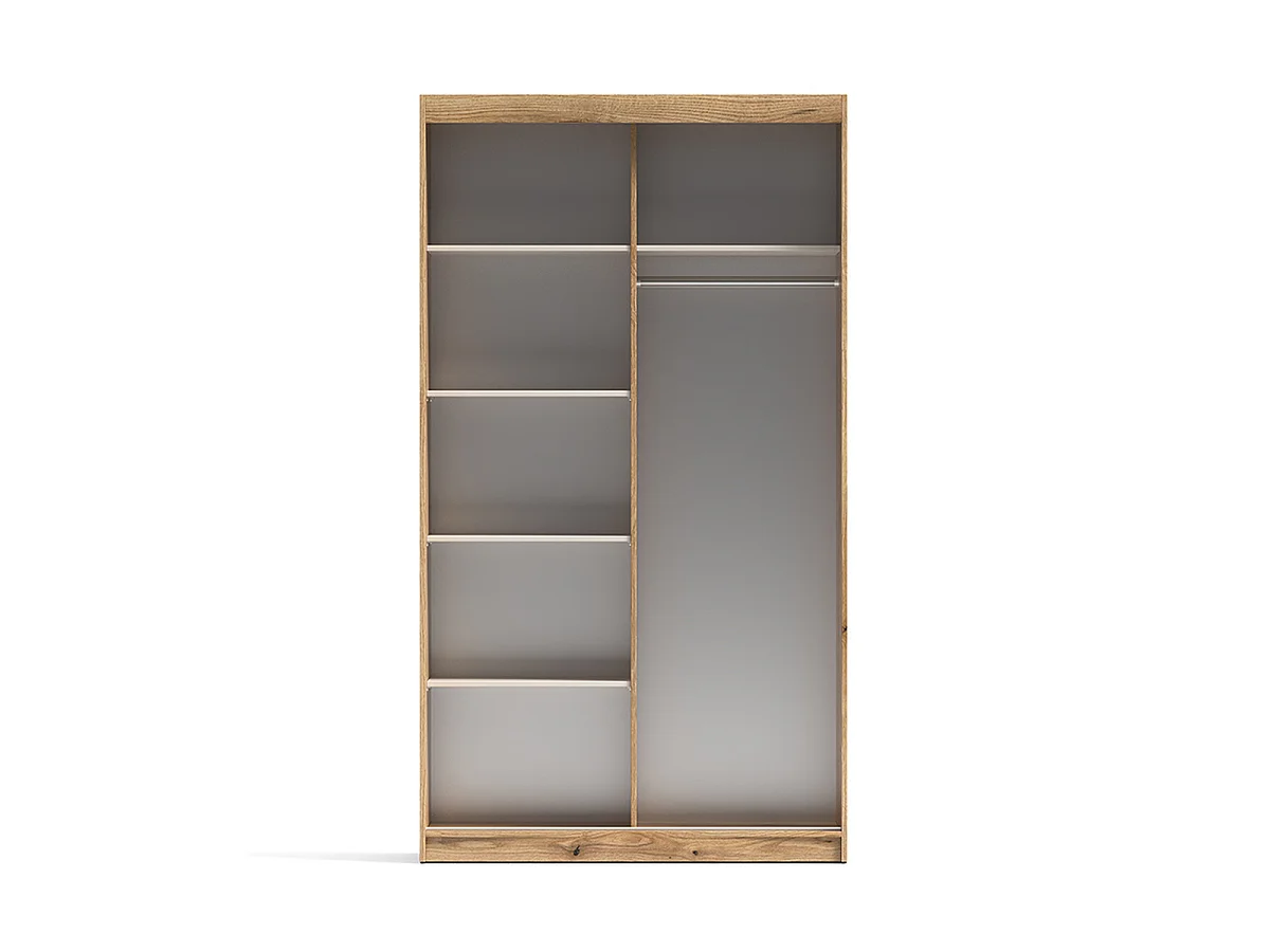 Armoire à portes coulissantes avec miroir 5 étagères et penderie coloris Beige/chêne - Longueur 120 x Profondeur 62 x Hauteur 216 cm