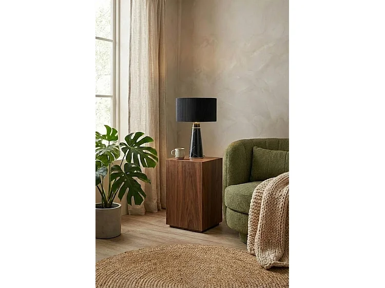 Valencia Table Light - Black Marble Base, Pleated Black Shade, Brushed Brass Ring