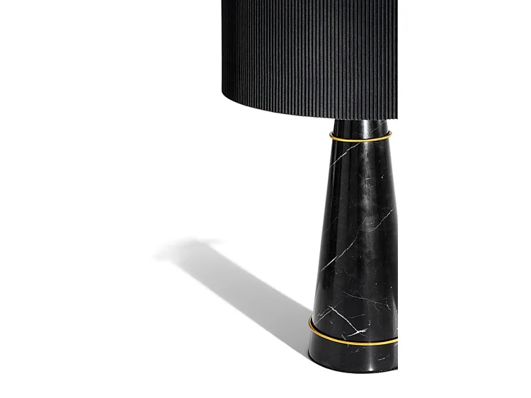 Valencia Table Light - Black Marble Base, Pleated Black Shade, Brushed Brass Ring