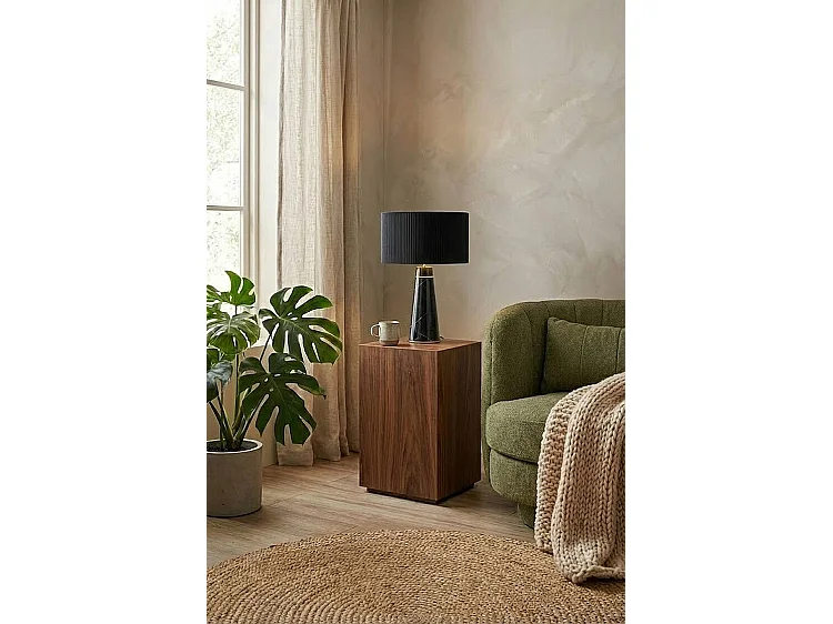 Valencia Table Light - Black Marble Base, Pleated Black Shade, Brushed Brass Ring
