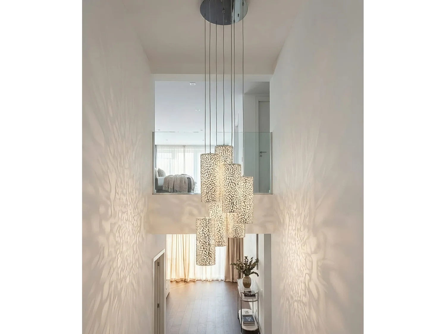 Moray Seven-Light Pendant Chrome, Laser-Cut Stainless Steel, Frosted Glass Diffuser