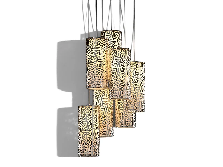 Moray Seven-Light Pendant Chrome, Laser-Cut Stainless Steel, Frosted Glass Diffuser